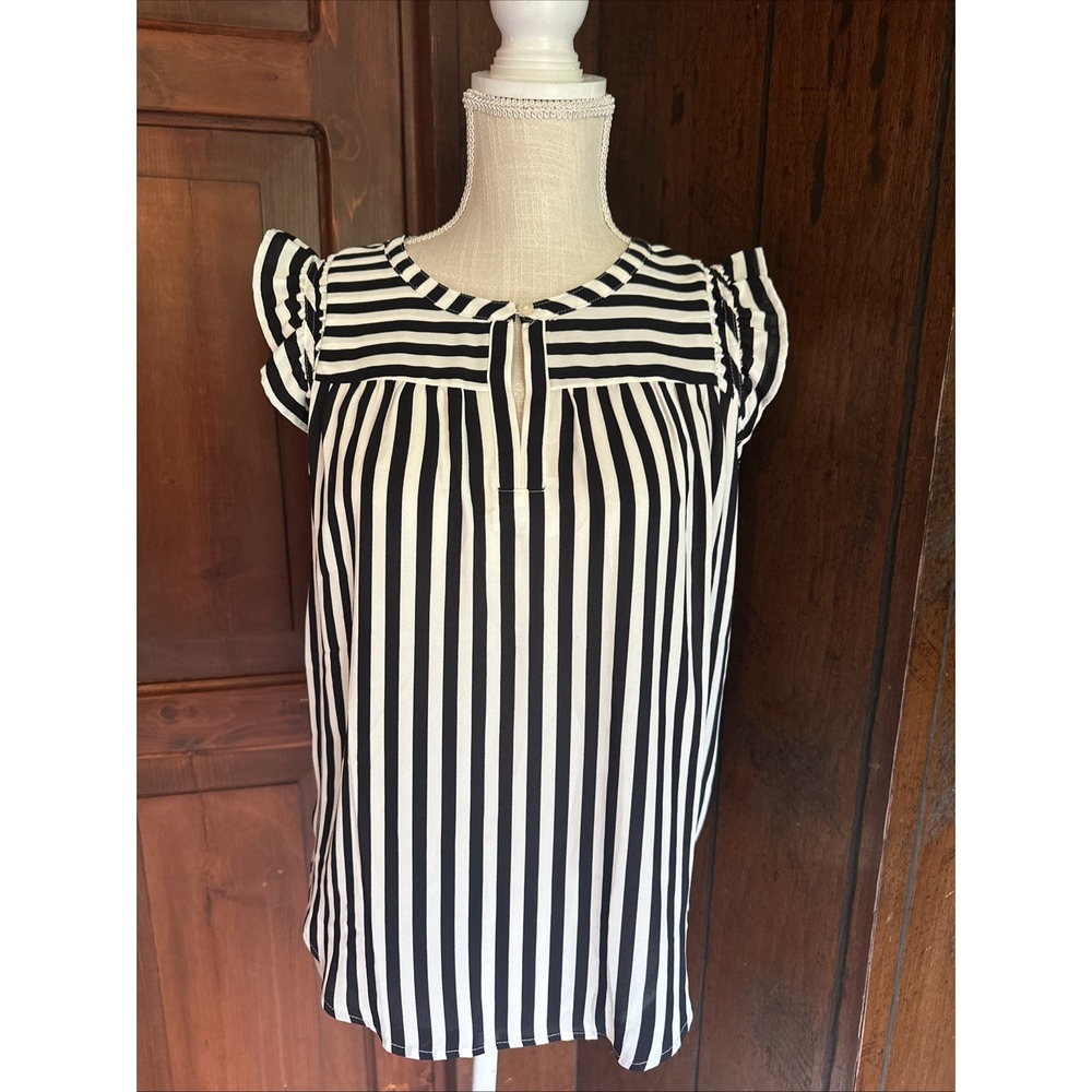 Womens Loft Blouse Ruffle Sleeve Business Casual Work Size XS‎ Black White EUC
